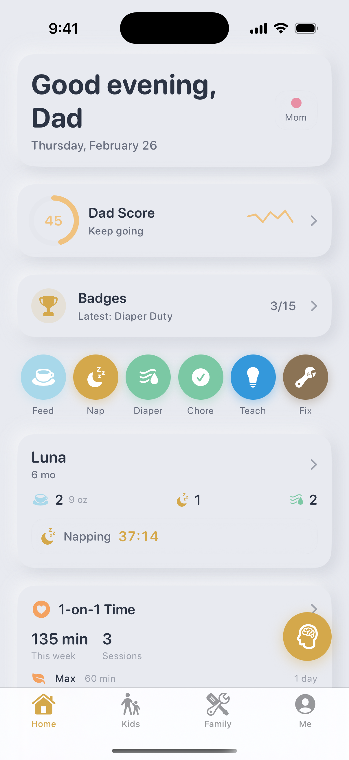 PapaBear Dashboard showing Dad Score, Badges, quick actions, baby tracking, and 1-on-1 time