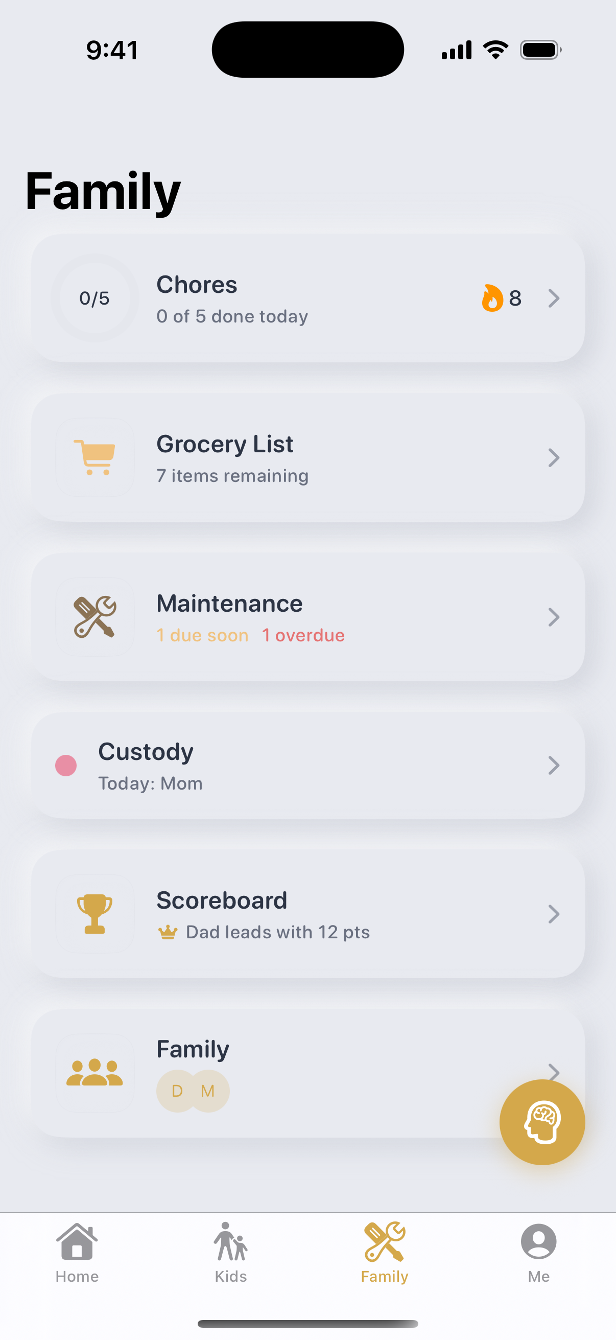Family hub with chores, grocery, maintenance, custody, and scoreboard