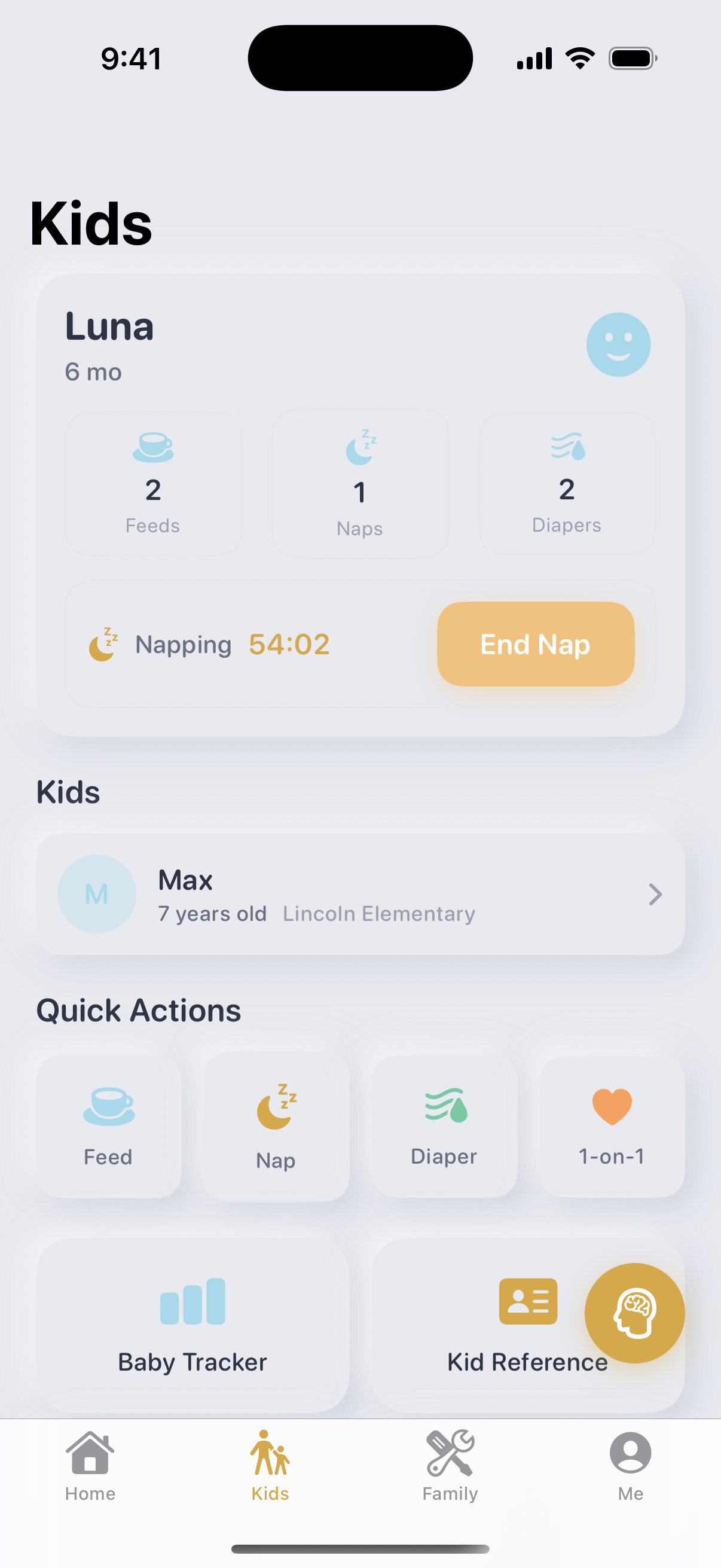 Kids hub with baby tracking and child profiles